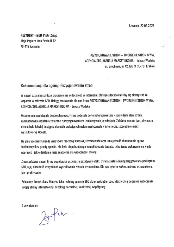 rekomendacja dla agencji pozycjonowanie stron