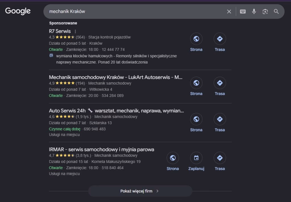 Google Local Pack dla frazy mechanik Kraków - pozycjonowanie stron Wielgomłyny