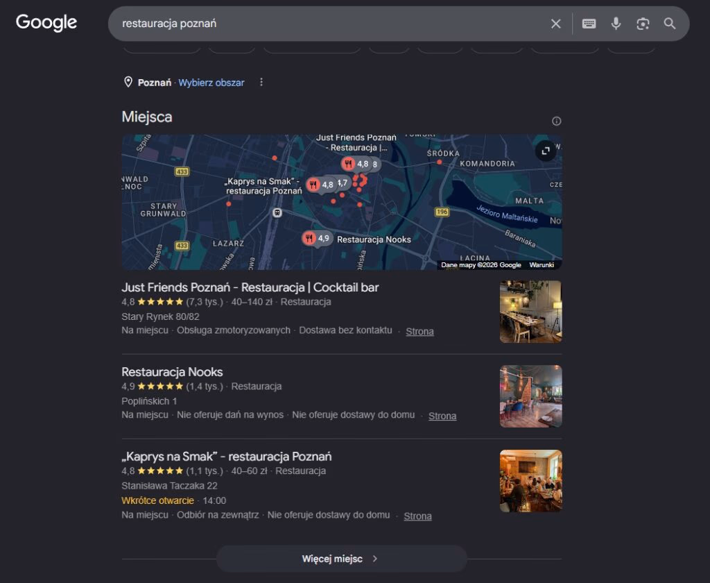 Local pack dla frazy restauracja Poznań - pozycjonowanie stron Wejherowo
