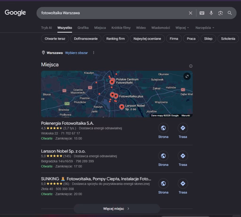 Local Pack dla frazy fotowoltaika Warszawa - pozycjonowanie stron Zblewo