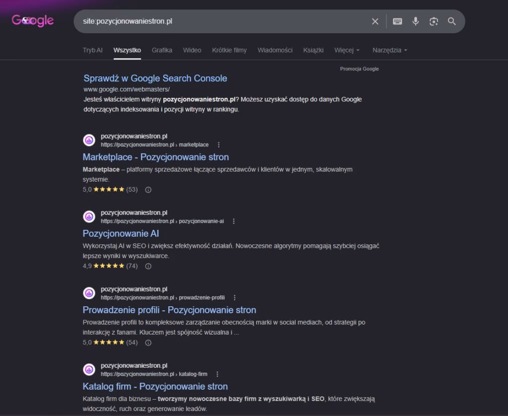 Zaindeksowane podstrony dla domeny pozycjonowaniestron.pl - SEO Warzyce