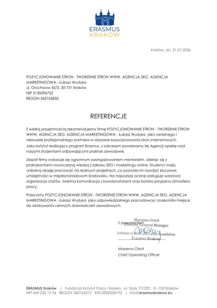 Pozycjonowanie stron - referencje Erasmus Kraków