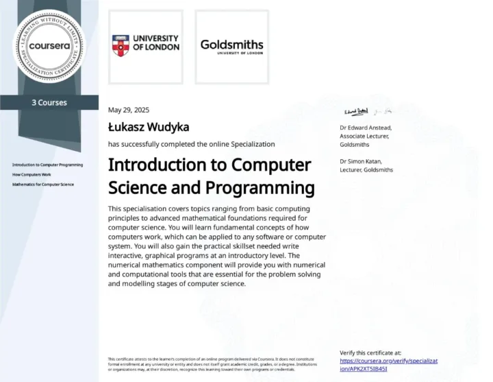 Certyfikat specjalizacji Introduction to Computer Science and Programming, Goldsmiths, Łukasz Wudyka