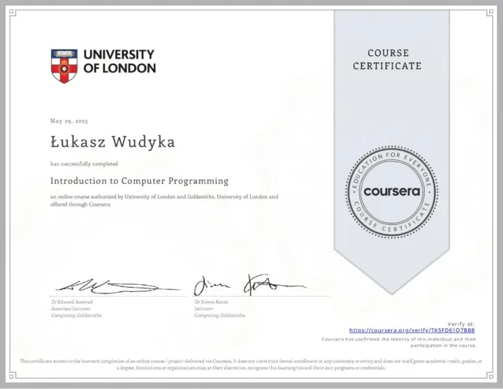 Certyfikat kursu Introduction to Computer Programming, Goldsmiths w serwisie Coursera, Łukasz Wudyka