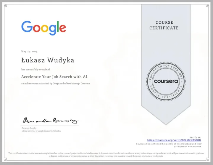 Certyfikat kursu Accelerate Your Job Search with AI, Google w serwisie Coursera, Łukasz Wudyka