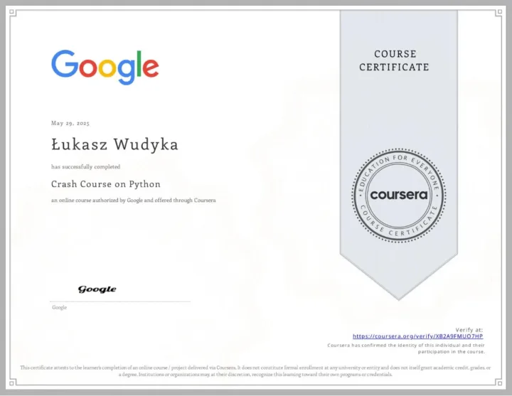 Certyfikat kursu Crash Course on Python, Google w serwisie Coursera, Łukasz Wudyka
