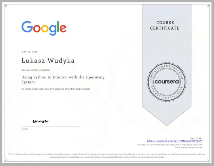 Certyfikat kursu Using Python to Interact with the Operating System, Google, Łukasz Wudyka