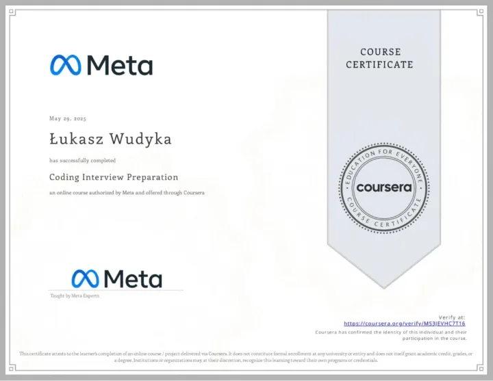 Certyfikat kursu Coding Interview Preparation, Meta w serwisie Coursera, Łukasz Wudyka