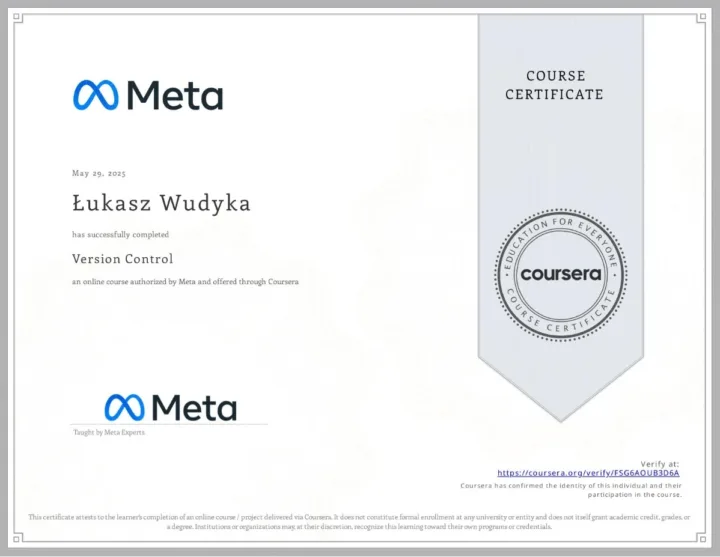 Certyfikat kursu Version Control, Meta w serwisie Coursera, Łukasz Wudyka