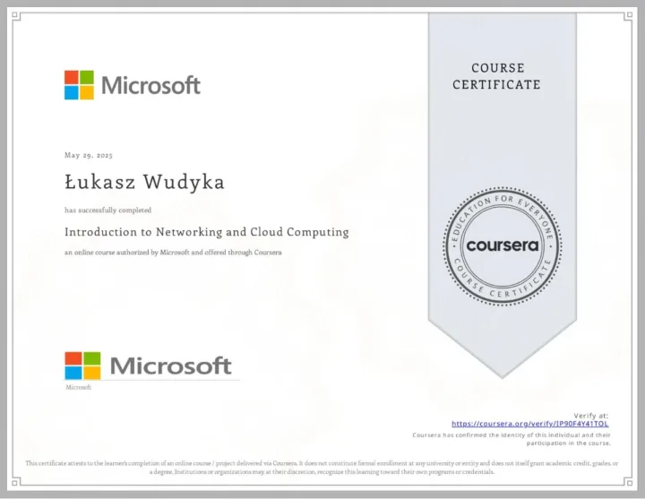 Certyfikat kursu Introduction to Networking and Cloud Computing, Microsoft, Łukasz Wudyka