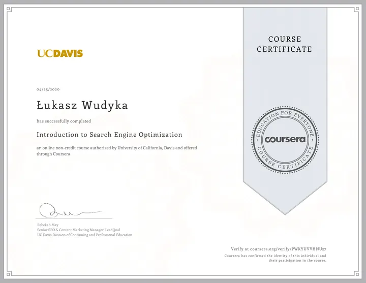 Certyfikat kursu Introduction to Search Engine Optimization, UC Davis, Łukasz Wudyka