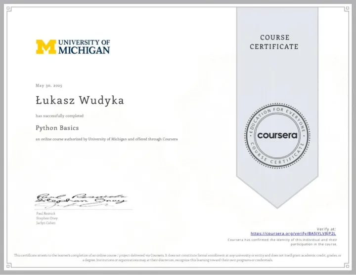 Certyfikat kursu Python Basics, University of Michigan w serwisie Coursera, Łukasz Wudyka