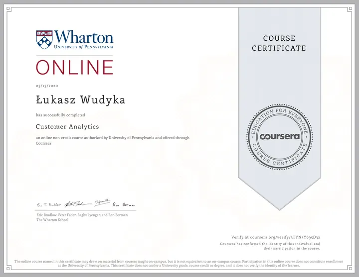 Certyfikat kursu Customer Analytics, Wharton Online w serwisie Coursera, Łukasz Wudyka
