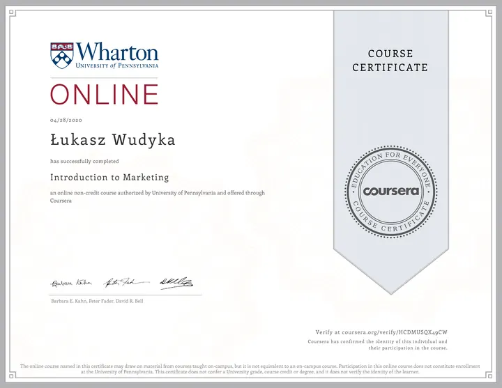 Certyfikat kursu Introduction to Marketing, Wharton Online w serwisie Coursera, Łukasz Wudyka