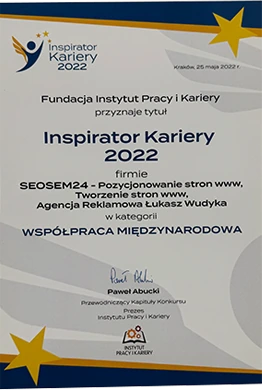 Dyplom Inspirator Kariery 2022 w kategorii Współpraca międzynarodowa