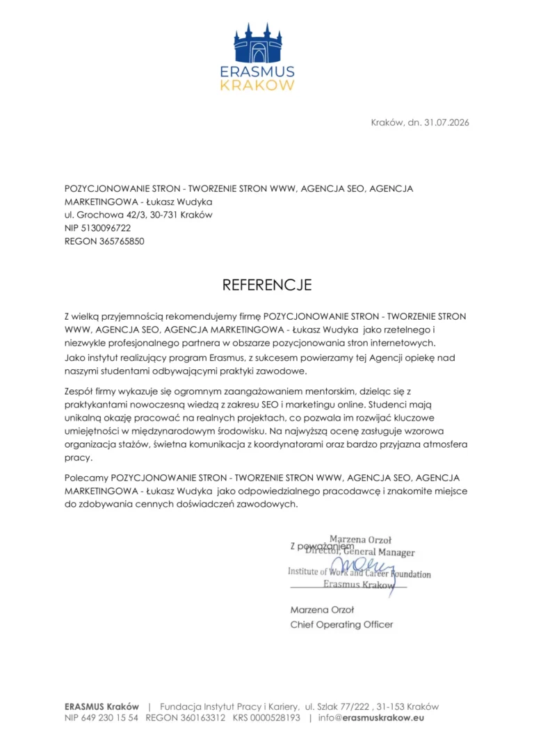List referencyjny od Erasmus Kraków z 31 lipca 2026 roku w sprawie praktyk zawodowych studentów