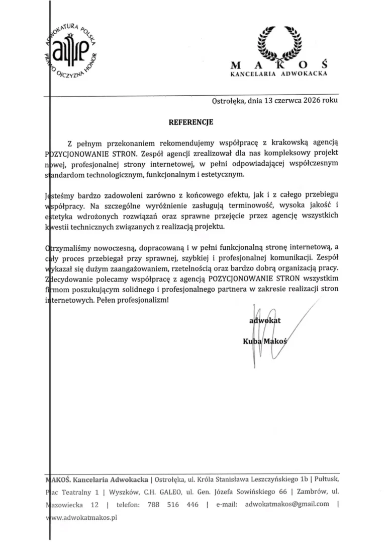List referencyjny: Kancelaria Adwokacka Makoś, Ostrołęka, 13 czerwca 2026