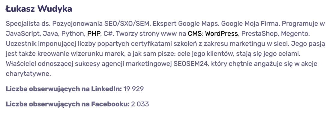 Zrzut wpisu o Łukaszu Wudyce w rankingu 100 polskich osobowości marketingowych