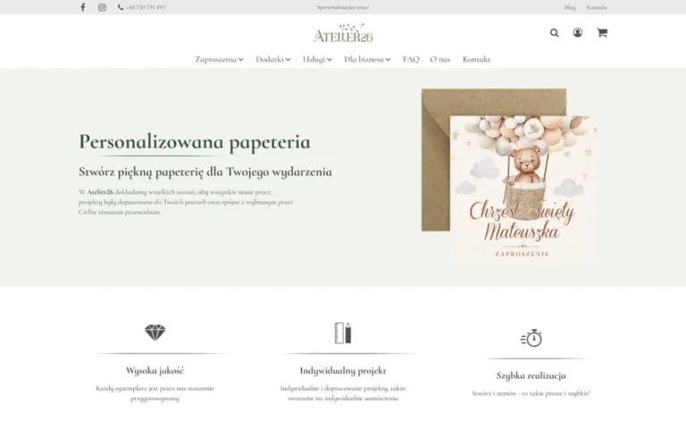 Strona główna sklepu internetowego Atelier26 z personalizowaną papeterią, atelier26.pl