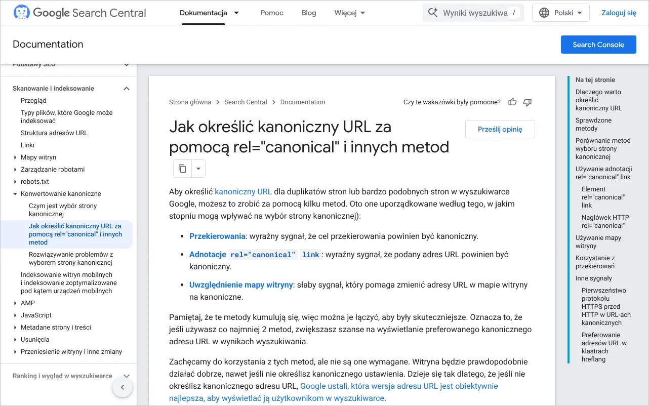 Strona dokumentacji Google Search Central o określaniu kanonicznego adresu URL za pomocą rel=canonical
