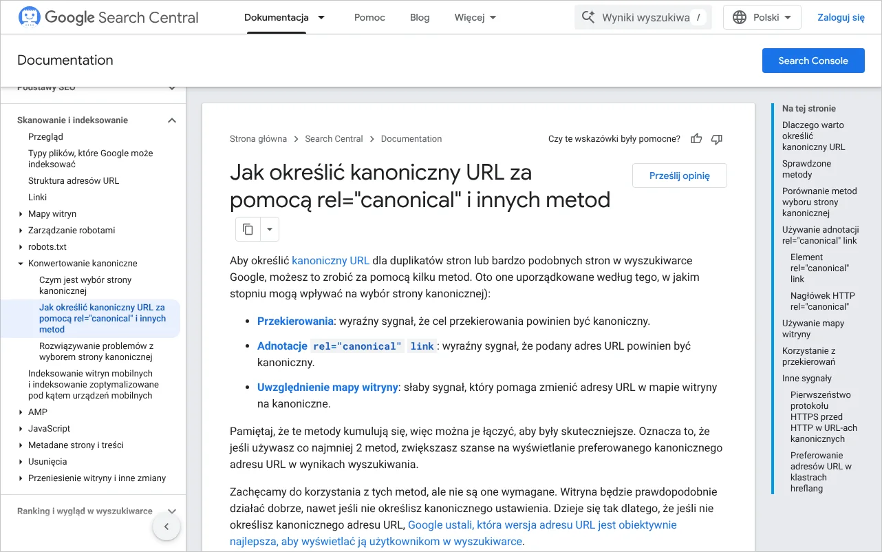 Strona dokumentacji Centrum wyszukiwarki Google o określaniu adresu kanonicznego za pomocą przekierowań i rel=canonical