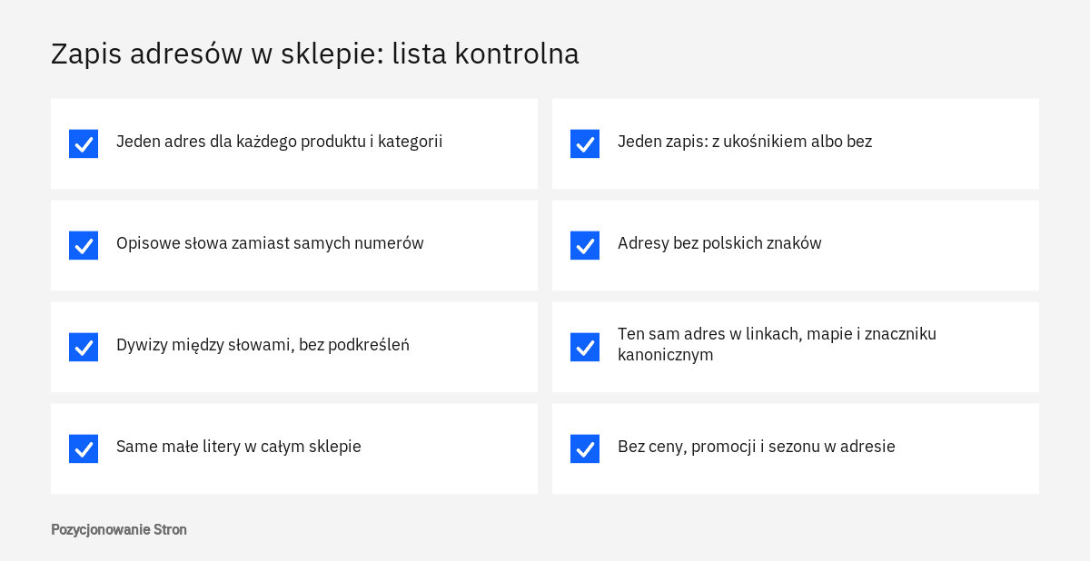 Lista kontrolna zapisu adresów URL w sklepie internetowym: jedna wersja adresu, małe litery, dywizy i zgodny znacznik kanoniczny