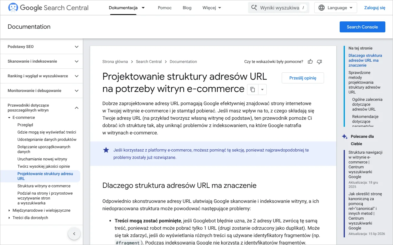 Strona dokumentacji Google o projektowaniu struktury adresów URL dla witryn e-commerce w Centrum wyszukiwarki Google
