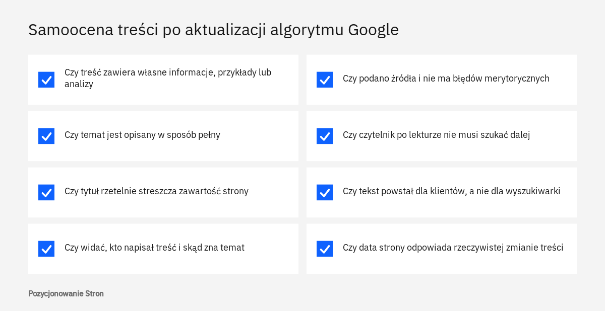 Lista pytań do samooceny treści po aktualizacji algorytmu Google, opracowana na podstawie dokumentacji wyszukiwarki