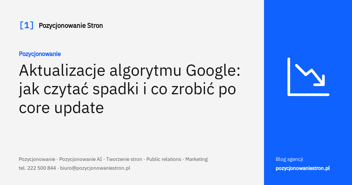 Aktualizacje algorytmu Google i spadki po core update - okładka wpisu na blogu Pozycjonowanie Stron