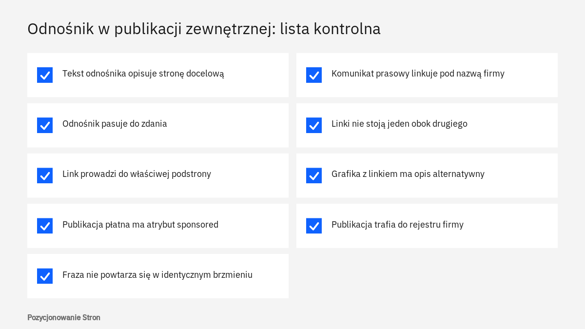 Lista kontrolna dla anchorów z frazą kluczową w publikacjach zewnętrznych: opis strony, zgodność ze zdaniem, atrybut rel