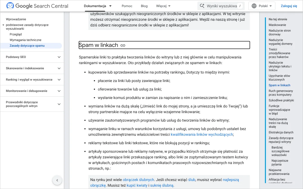 Strona Centrum wyszukiwarki Google z zasadami dotyczącymi spamu, część poświęcona spamowi linkowemu