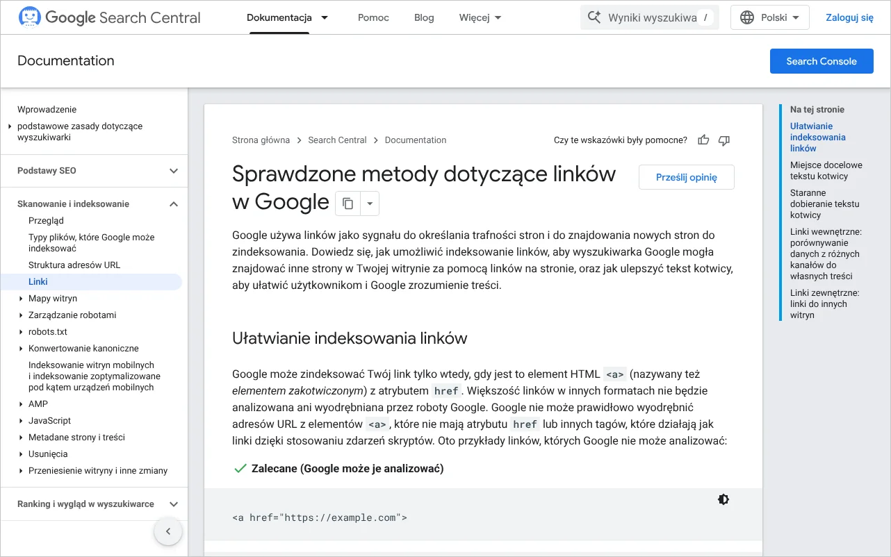 Strona dokumentacji Google ze sprawdzonymi metodami dotyczącymi linków i tekstu kotwicy w wersji polskiej