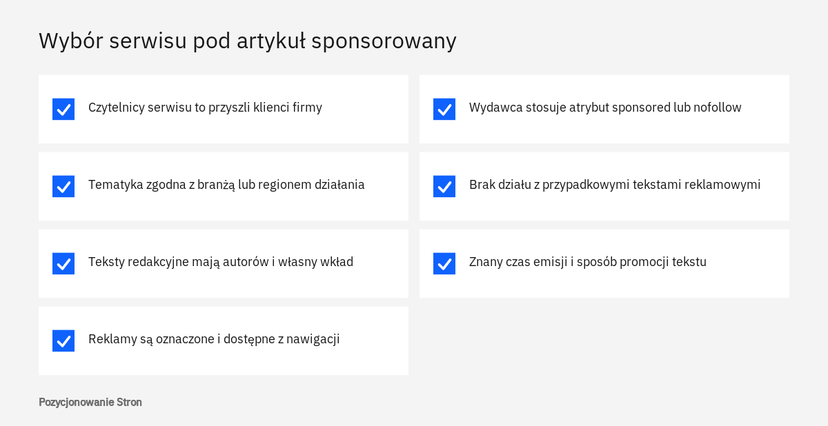 Lista kontrolna wyboru serwisu, w którym ma się ukazać artykuł sponsorowany z oznaczonymi linkami