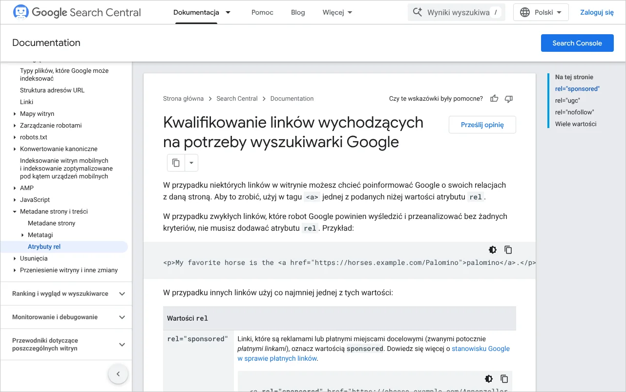 Strona dokumentacji Google o kwalifikowaniu linków wychodzących z opisem wartości nofollow, sponsored i ugc