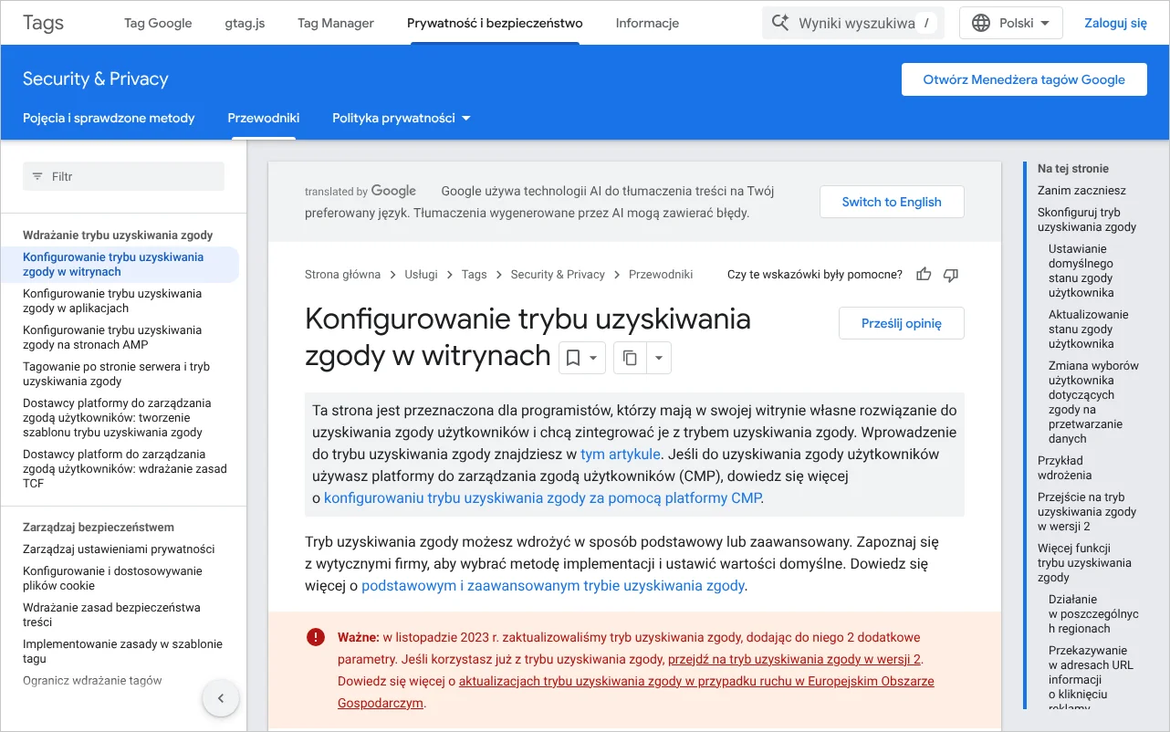 Strona dokumentacji Google opisująca konfigurowanie trybu uzyskiwania zgody w witrynach, z którym łączy się baner cookie