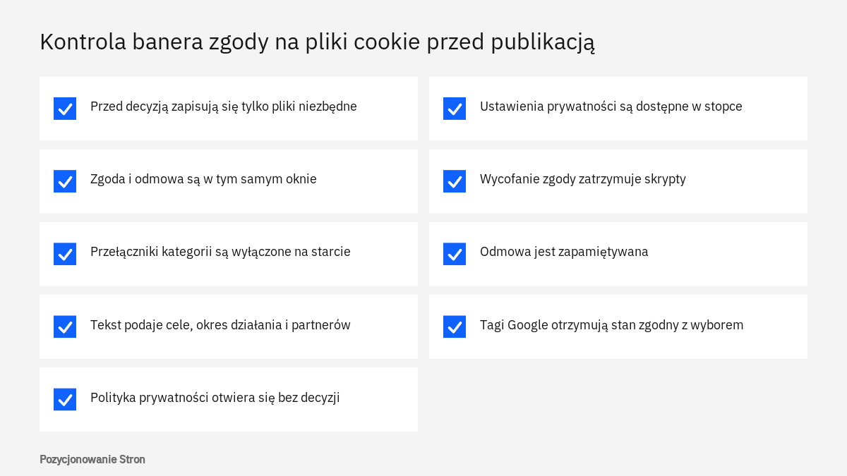 Lista kontrolna do sprawdzenia, czy baner zgody na pliki cookie działa zgodnie z deklaracją przed publikacją strony
