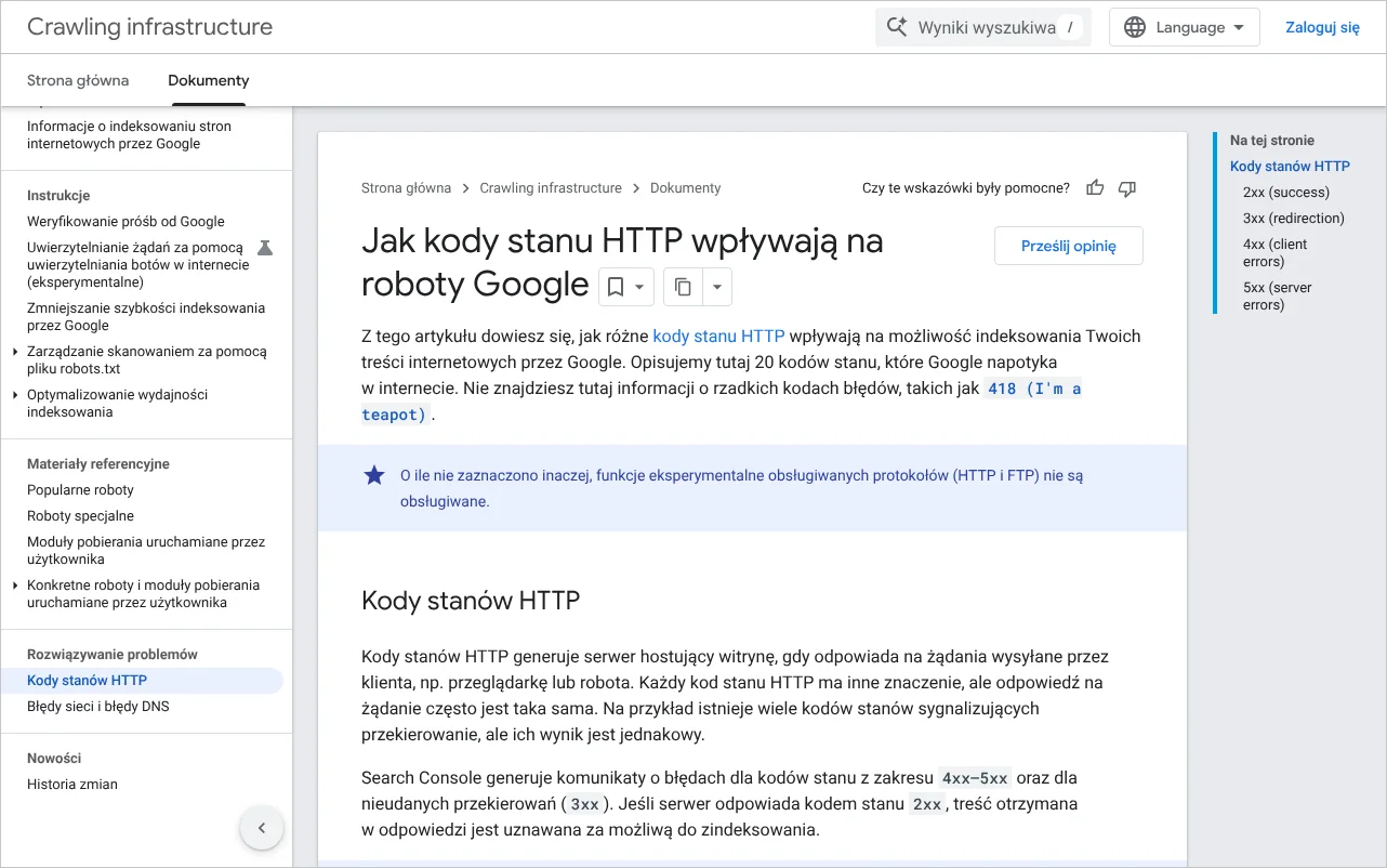 Strona dokumentacji Google opisująca, jak kody stanu HTTP, w tym błąd 404, wpływają na roboty wyszukiwarki