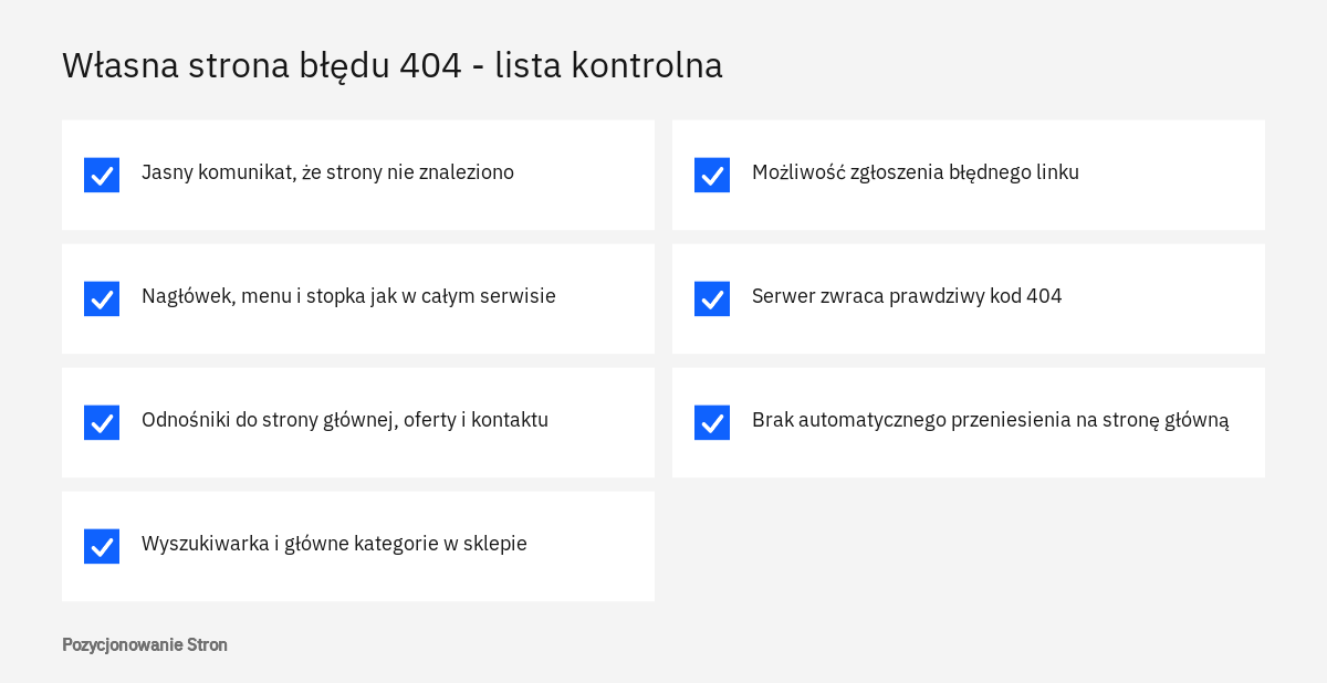 Lista kontrolna własnej strony błędu 404: jasny komunikat, nawigacja, odnośniki do oferty i prawdziwy kod 404