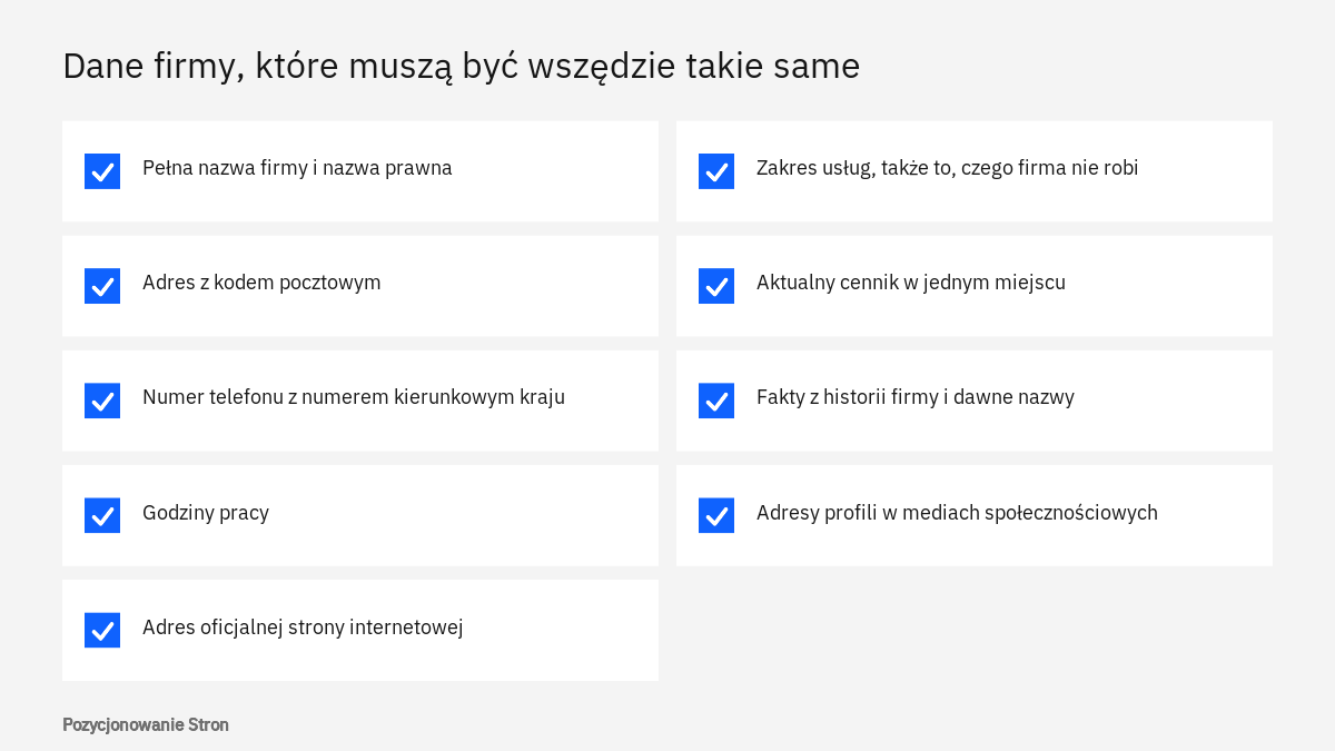 Lista danych firmy do ujednolicenia, aby ograniczyć błędne informacje o firmie w odpowiedziach AI