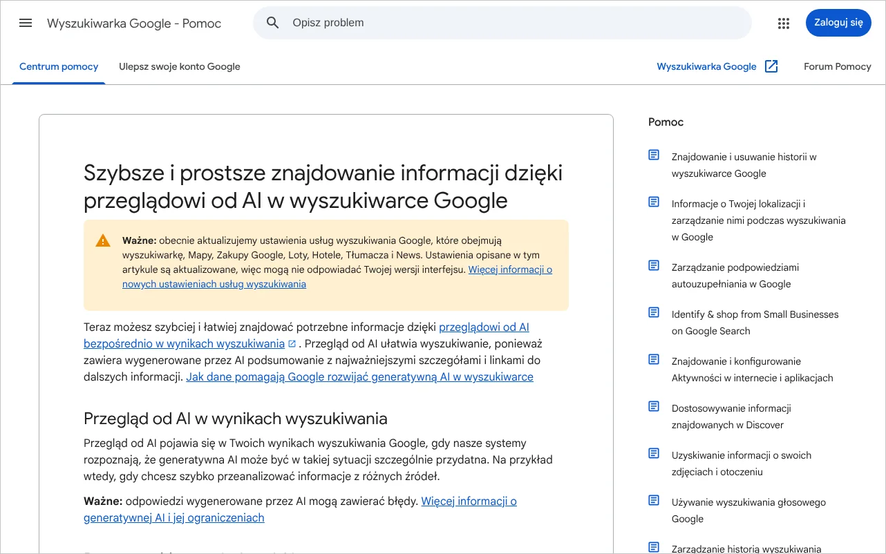 Strona pomocy wyszukiwarki Google o Przeglądzie od AI z opisem przesyłania opinii o błędnej odpowiedzi
