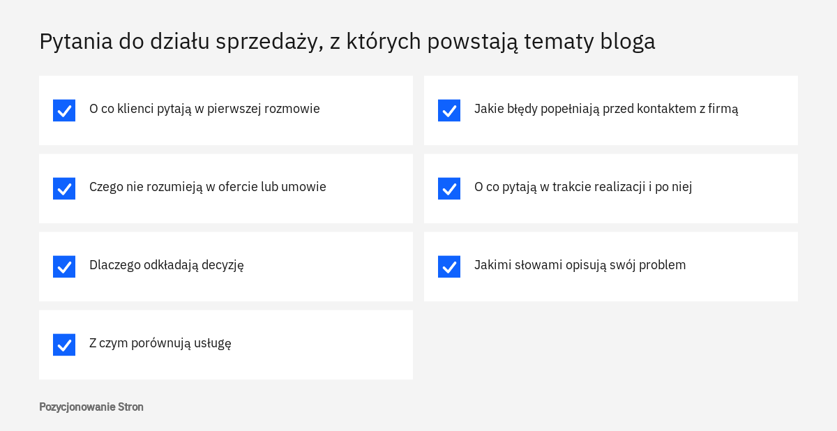 Lista pytań do działu sprzedaży i obsługi klienta, które pomagają znaleźć tematy na blog firmowy