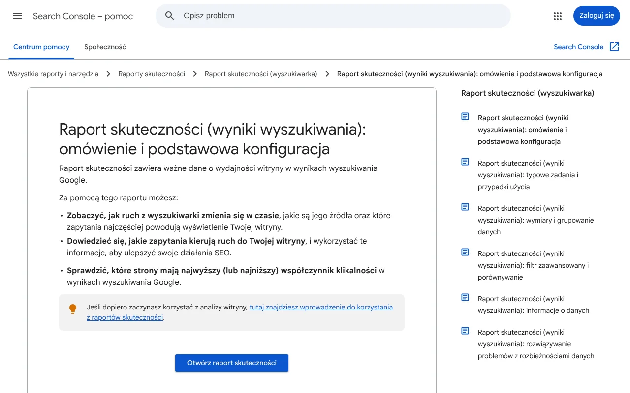 Strona pomocy Search Console opisująca raport skuteczności, z którego można czerpać tematy na blog firmowy