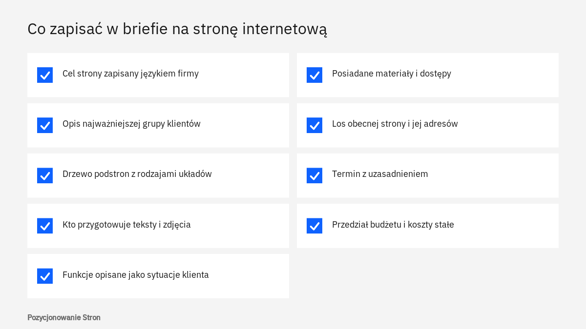 Lista kontrolna zawartości briefu na stronę internetową: cele, odbiorcy, podstrony, funkcje, materiały, terminy