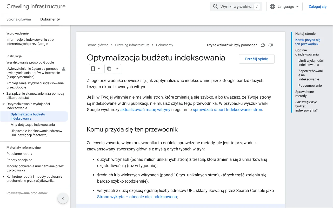 Strona dokumentacji Google o optymalizacji budżetu indeksowania z informacją, dla jakich witryn jest przeznaczona