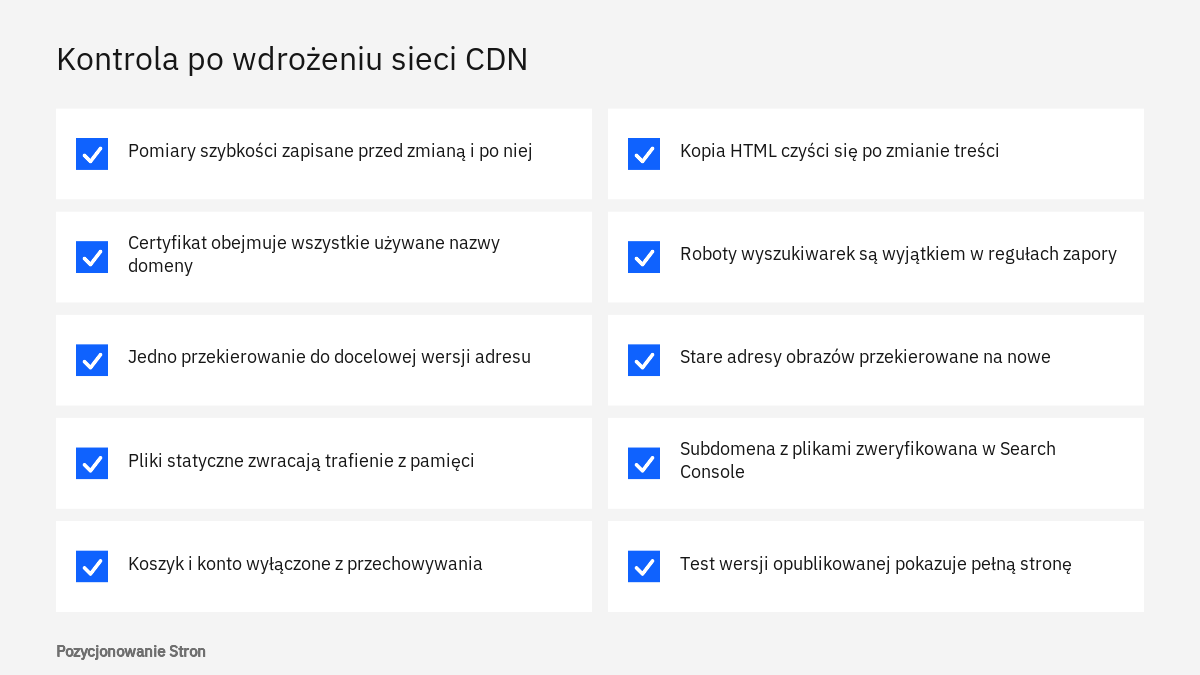 Lista kontrolna CDN a SEO: certyfikat, przekierowania, pamięć podręczna, zapora, adresy obrazów i Search Console