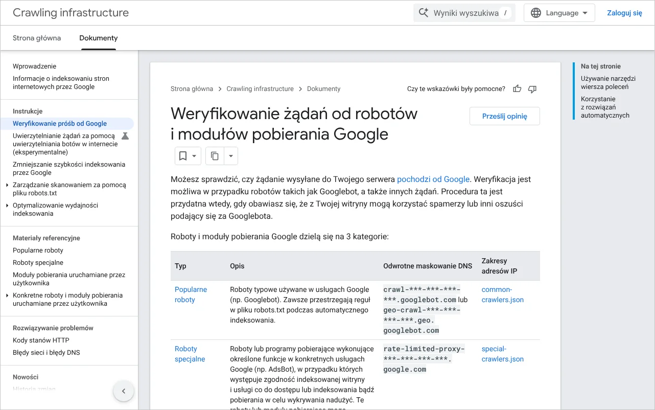 Strona dokumentacji Google opisująca weryfikowanie żądań od robotów, przydatna przy ustawianiu zapory w sieci CDN