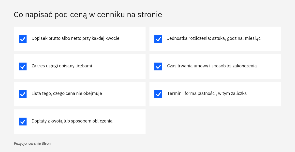 Lista kontrolna informacji, które powinny znaleźć się pod ceną w cenniku na stronie firmy, od podatku po sposób płatności