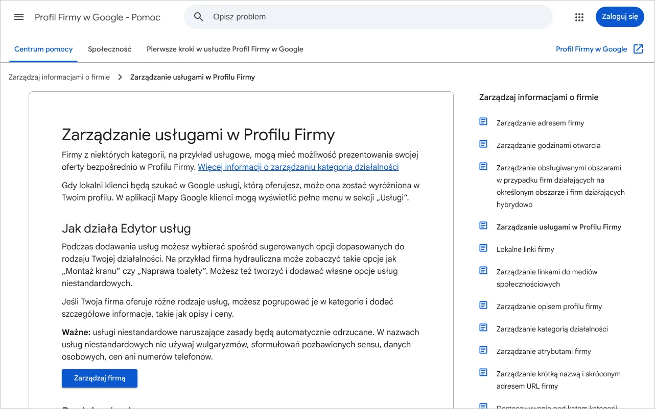 Strona pomocy Google Zarządzanie usługami w Profilu Firmy, opisująca dodawanie usług wraz z opisem i ceną