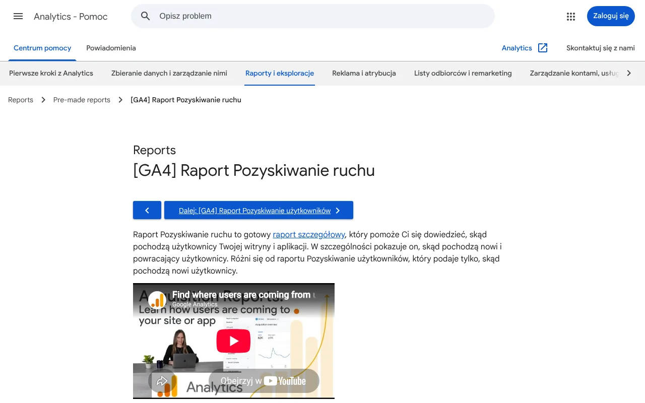 Strona pomocy Google Analytics opisująca raport Pozyskiwanie ruchu, w którym widać wejścia z ChatGPT Search