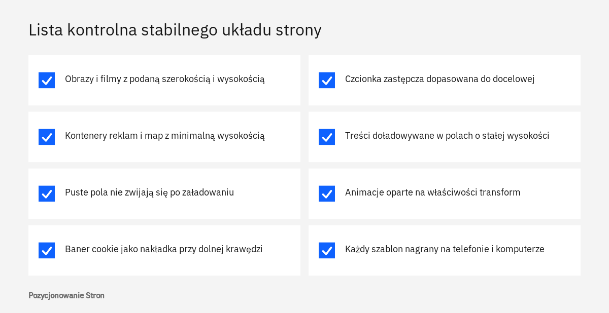 Lista kontrolna poprawek CLS: wymiary obrazów, miejsce na reklamy i banery, czcionki, animacje i pomiar